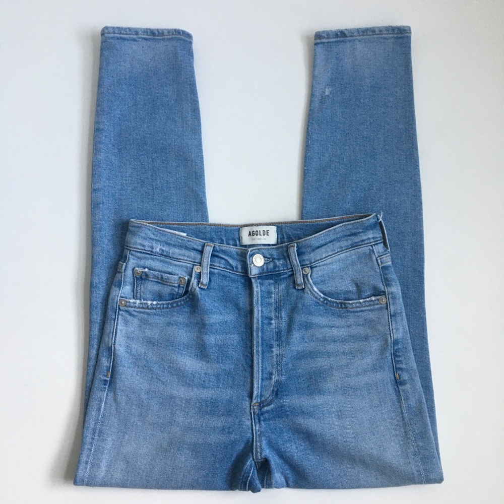 Agolde Nico High Rise Distressed Skinny Leg Light Wash Blue Denim Jeans 25